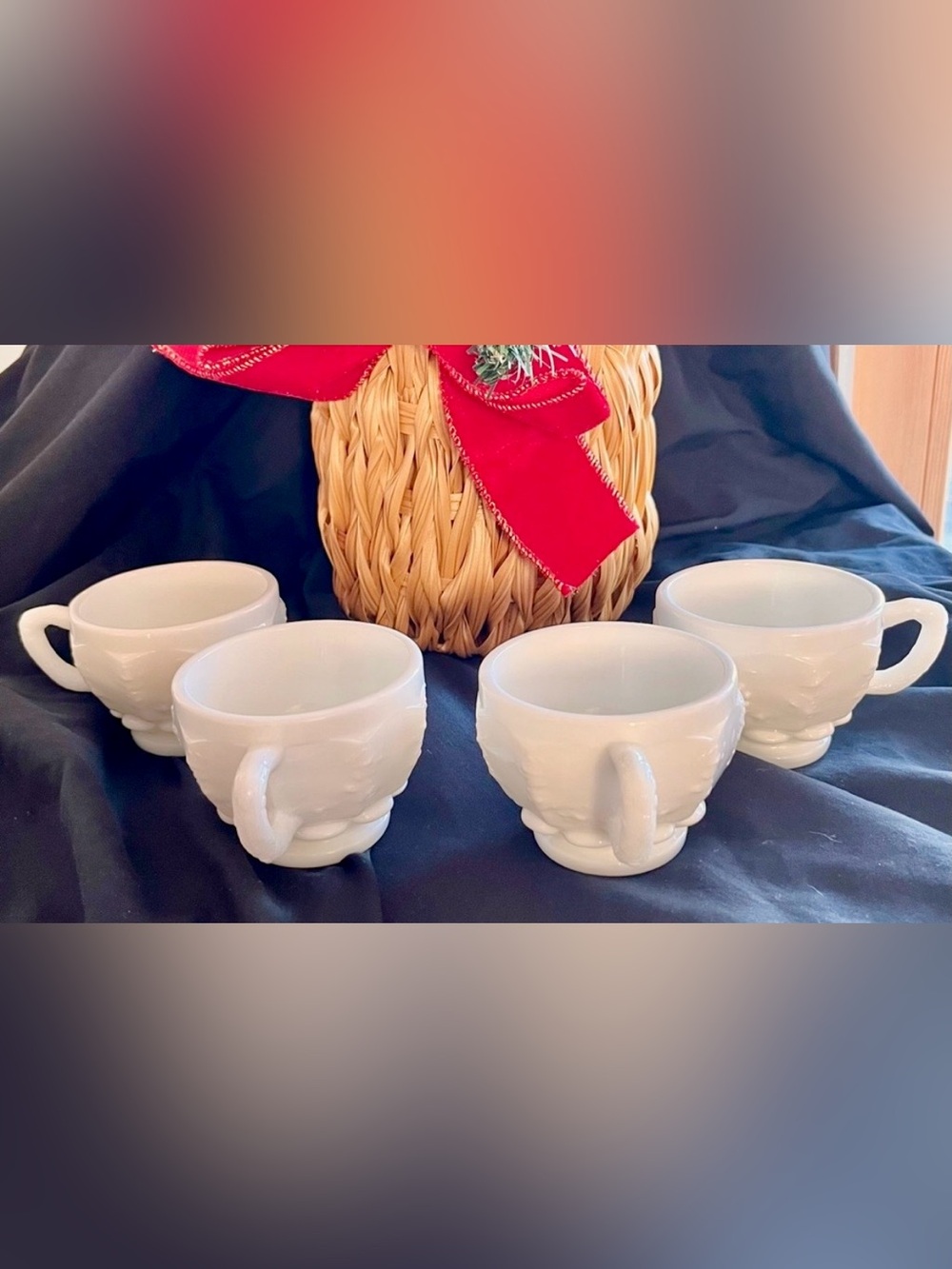 VTG Westmoreland Milk Glass Paneled Grape Coffee Tea Cups Set of 4 MCM White W